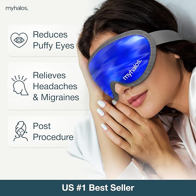 MyHalos Gel Mask - Reusable Cooling Eye Mask with Adjustable Straps - Cold Mask for Puffy Eyes, Dark Circles and Hangovers - Face Ice Pack Compress for Sinus, Headaches (Blue - No Eyeholes)