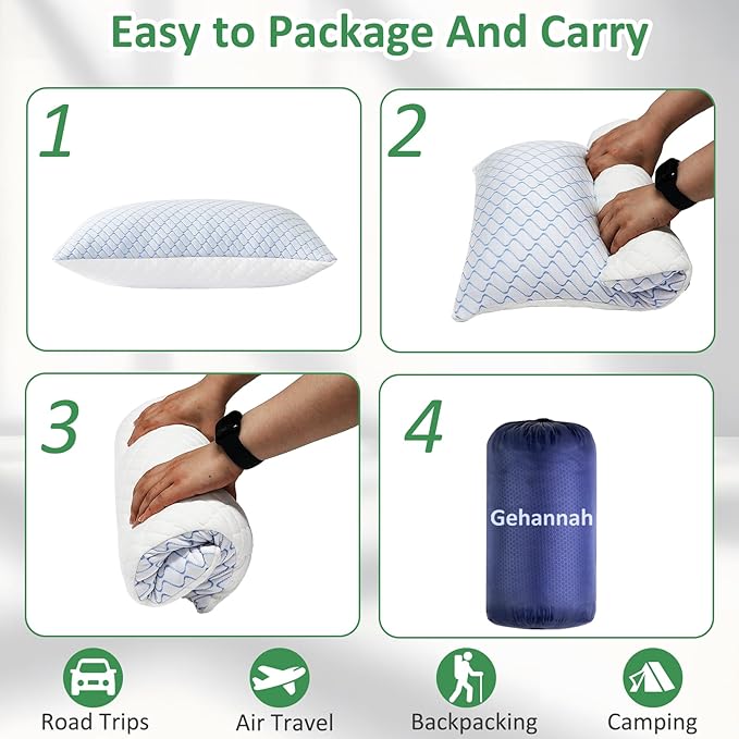 Gehannah Travel Pillow - Large 2 Pack Compressible Camping Pillow for Sleeping - Shredded Memory Foam with 2 Storage Bags - Supportive for Adults, Kids, Outdoor, Backpacking, Hiking Gear