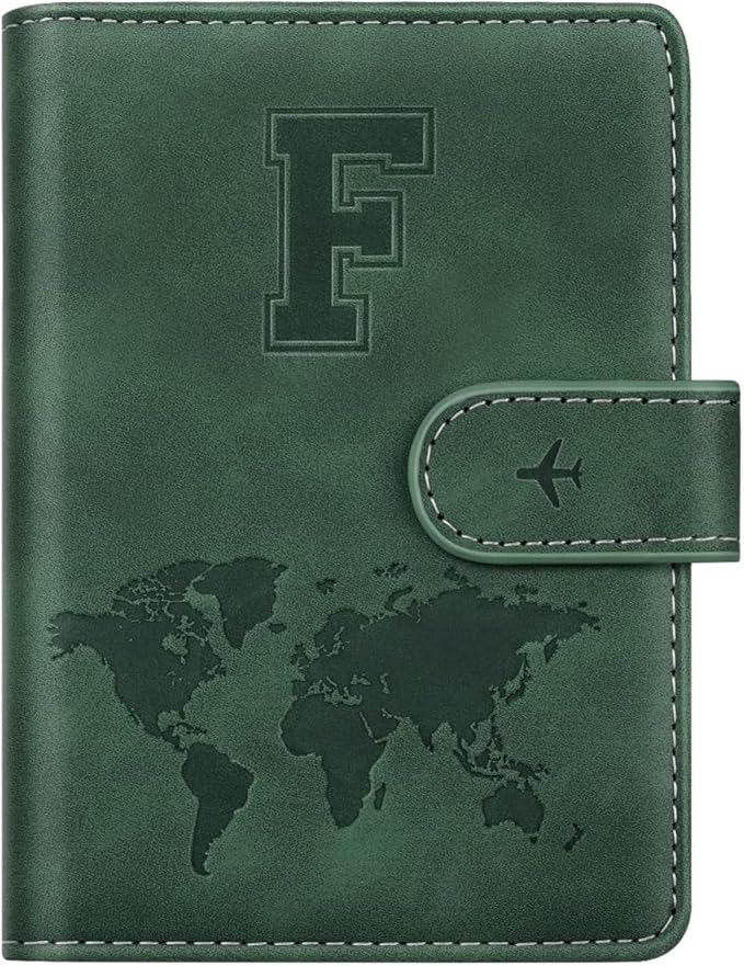 Personalized F Passport Holder Cover Initial Letter Travel Wallet RFID Blocking Passport Cover Credit Card Holder Case Passport Book Holders for Women and Men, Pine Green-F