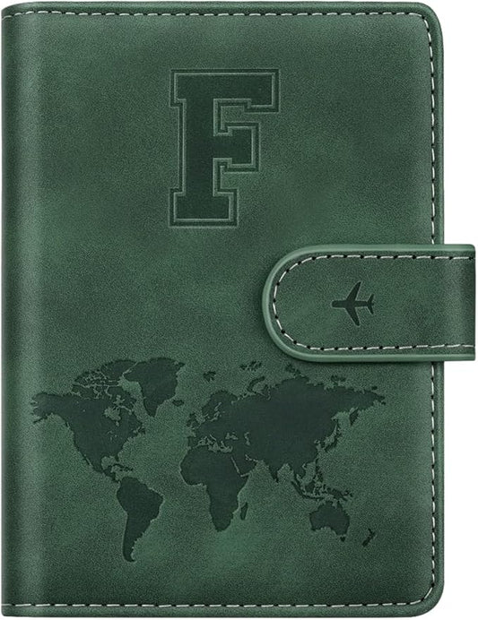 Personalized F Passport Holder Cover Initial Letter Travel Wallet RFID Blocking Passport Cover Credit Card Holder Case Passport Book Holders for Women and Men, Pine Green-F