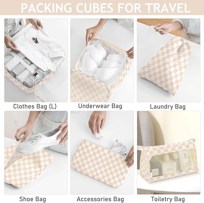 KPX 8 Set Packing Cubes for Travel, Luggage Packing Organizers Accessories Large Toiletries Bag for Clothes Shoes Cosmetics (Two-tone Khaki)