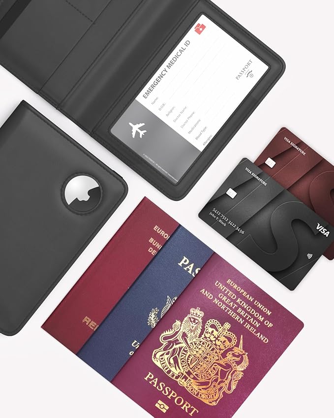 Stouchi AirTag Passport Holder, Slim Passport Holder Family with Airtag Slot, RFID Passport Wallet Cover for Men, PU Leather Passport Case, Anti-Lost Travel Accessories, Black