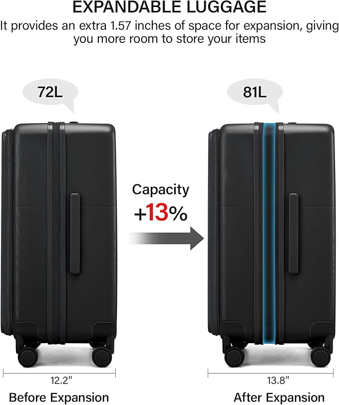Hanke 24 Inch Expandable Checked Luggage with Cup Holder and Charger Port,Top Opening Hard Shell Suitcases with Wheels, Medium Travel Rolling Suitcase Trunk Luggage with Lock, Jet Black