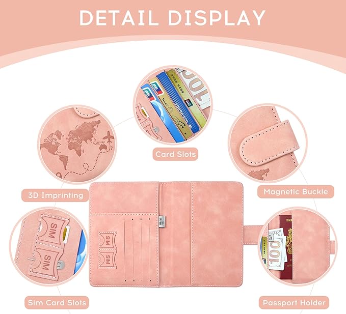 ILIYAH-Passport Cover-Passport Holder Travel Wallet-RFID Blocking Passport Case Travel Accessories Card Holder Wallet Unisex Travel Gifts (Pink MG)