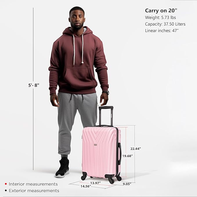 InUSA VASTY Luggage with Spinner Wheels | Durable Lightweight Hardshell Suitcase Travel Bag with Handle and Trolley 20-Inch Carry On Small Luggage | Pink