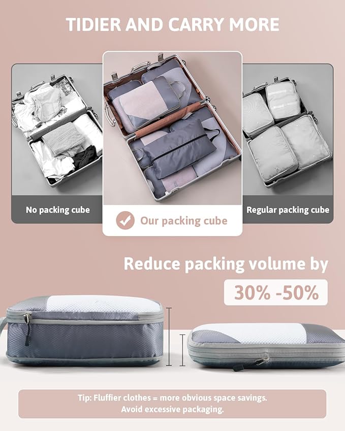 Meowoo 7 Set Compression Packing Cubes for Travel, Durable Ripstop Mesh Suitcase Organizer with Shoe Bag, Ultralight & Expandable Space Saver Travel Cubes
