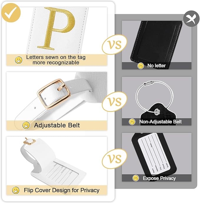 Initial Letter Luggage Tags for Suitcases, Personalized Embroidered Letter Luggage Bag Suitcase Identifier Name Tag, Cute PU Leather Travel Luggage Tags, Bag Tags for Luggage Handbags(White P)