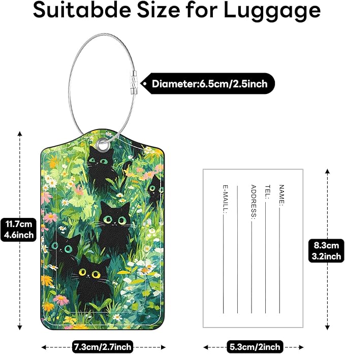 2 Pack PU Leather Luggage Tags for Suitcases, Privacy Protection Cover with Stainless Steel Loop and Address Card, Travel Cruise Essentials (Flower Black Cat)