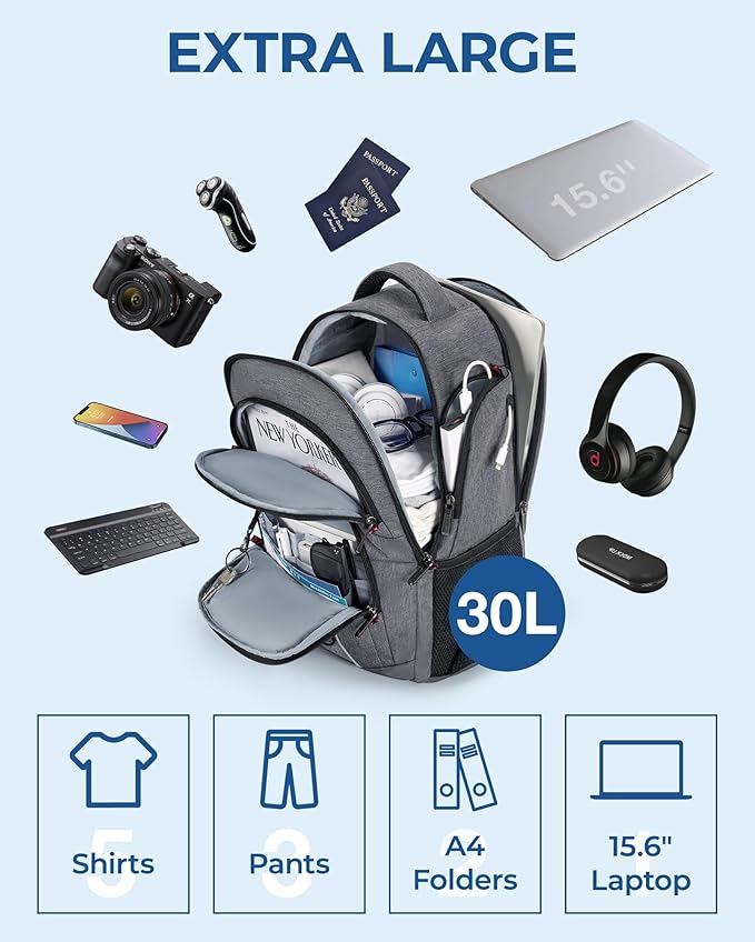 BAGSMART Unisex Laptop Backpack, 15.6-inch Anti-Theft, Water Resistant, Grey, With USB Charger Hole