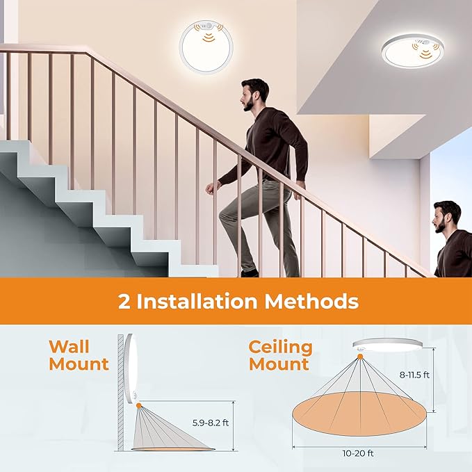 Motion Sensor Ceiling Light Wired, 8.7 Inch 3000K 4000K 5000K Selectable LED Flush Mount Light Fixture, Motion Activated Light with Timer for Hallway Stair Walk-in Closet, Non-Dimmable 2 Pack