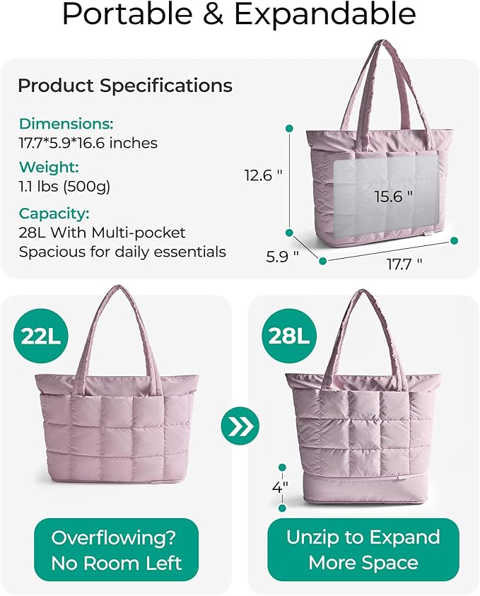 BAGSMART Expandable Tote Bag for Women, Puffer Work Tote Handbag, Quilted Carry On Bag for Travel Gym