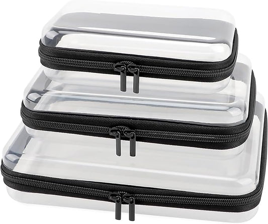 3 Pack Clear Hard Shell Zipper Case, Clear Zipper Pouches Waterproof Makeup Organizer & Travel Toiletry Bag, Diaper Bag Organizing Pouches, Plastic Pouch for Office Home Storage, LMS,Blcak