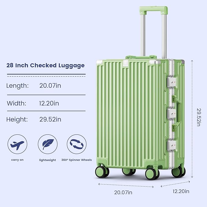 Zipperless Suitcase, 28 Inch Checked Luggage, Hardshell Aluminum Frame Polycarbonate Luggage with Phone Holder, Cup Holder, Charging Port, TSA Lock, Spinner Wheels for Vacations, Fruit Green