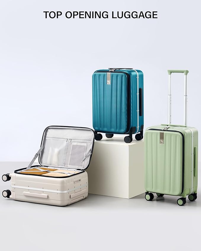 Hanke 24 Inch Checked Luggage PC Hard Shell luggage Top Opening Aluminum Frame Travel Luggage Suitcases with Wheels for Woman Men.(Bamboo Green)