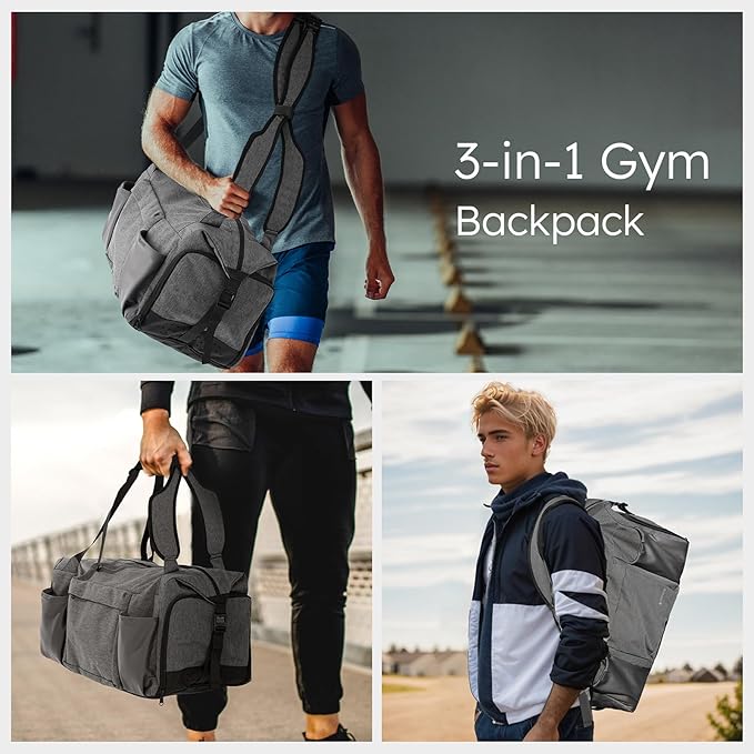 Gym Bag for Men with Shoes Compartment and Wet Pocket Convertible Duffle Bag and Gym Backpack Waterproof Sports Bags for Men with 2 Bottle Holders Multipurpose Weekender Overnight Bag - Grey