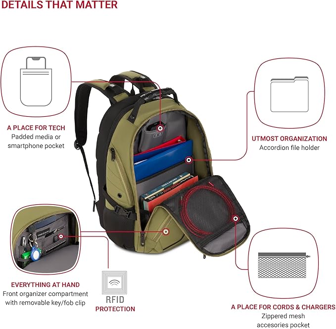 SWISSGEAR 1900 ScanSmart TSA Laptop Backpack Fits 17 Inch Laptop with RFID Protection and Tablet Pocket, Olive Branch, 19-Inch