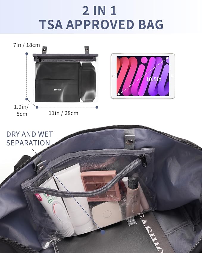 ECOHUB Travel Duffel Bag, Water Resistant Weekender Bag Carry On Bags for Women, Sport Gym Bags for Men, Hospital Bag for Labor and Delivery, Overnight Bag Luggage Bag with Trolley Sleeve, 30L Black