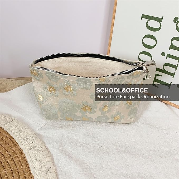 HAPPYHEIDI Small Cute Vintage Floral Makeup Bag Purse Pouch, Accessory Organizer, Metal Zipper, Aesthetic Textured Fabric, Golden Beige Medium