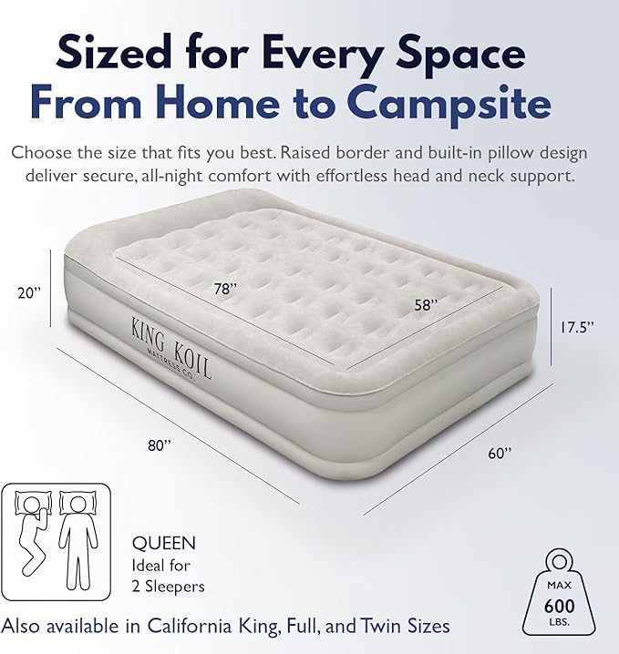 King Koil Luxury Built-in Pillow Top Queen Air Mattress with Built-in High-Speed Pump Best for Home, Camping, Guests, 20" Queen Size Double High Airbed, Blow Up Mattress, Waterproof, 1-Year Warranty