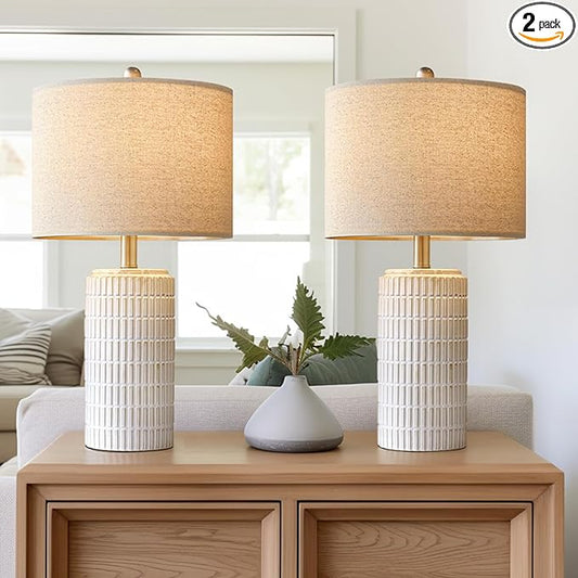 PoKat 23" Modern Ceramic Table Lamp Set of 2 for Living Room Bedroom, White | Nightstand Lamps for Bedside, farmhouse end table & desk light, ideal housewarming gift, new home decor for women mom