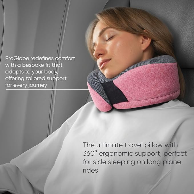 Proglobe Pink Airplane Travel Pillow Set, 100% Pure Memory Foam Neck Pillow, Updated Material, Long Flight Travel Kit with 3D Contoured Eye Masks, Earplugs, and Luxury Bag