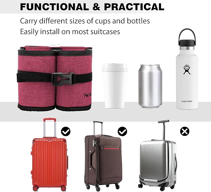 Luggage Cup Holder Attachment. Hands-Free Beverage Carrier for Coffee Mugs and Bottles, Fits Suitcase and Roll-On Handles. Must-Have Travel Accessory, Ideal Gift for Travelers and Flight Attendants.