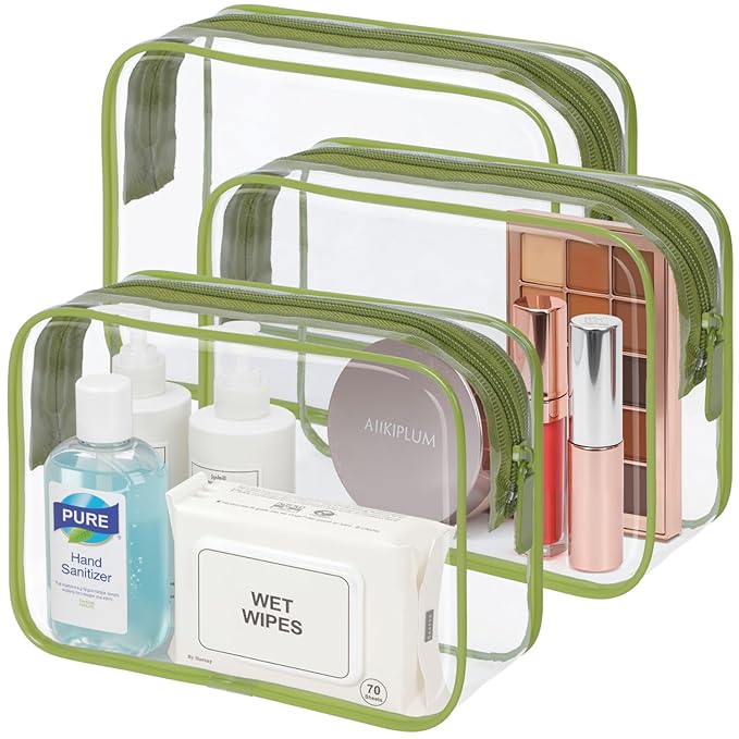 PACKISM TSA Approved Toiletry Bag - Clear Makeup Bag 3 Pack Medium, Quart Size Bag for 3-1-1 Liquids with Metal Smooth Zipper, Travel Makeup Bag for Women, Airport Airline Compliant Bag, Sage Green