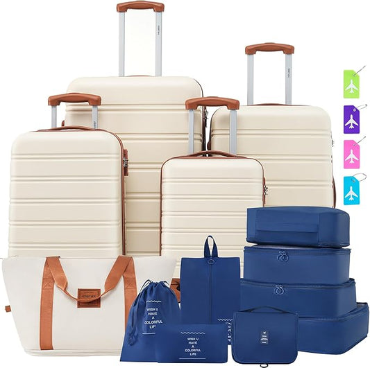 Merax Luggage sets of 13 Piece 16 20 20 28 IN Carry on Luggage Hard Case White and Brown Luggage Expandable Checked Luggage Suitcase Set with Wheels