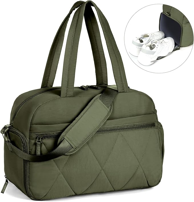 Gym Bag for Women, Puffer Travel Duffle Bag With Shoes Compartment & Wet Pocket, Carry On Tote Bag For Weekender, Overnight, Sport duffel bags for traveling (Green, Medium)