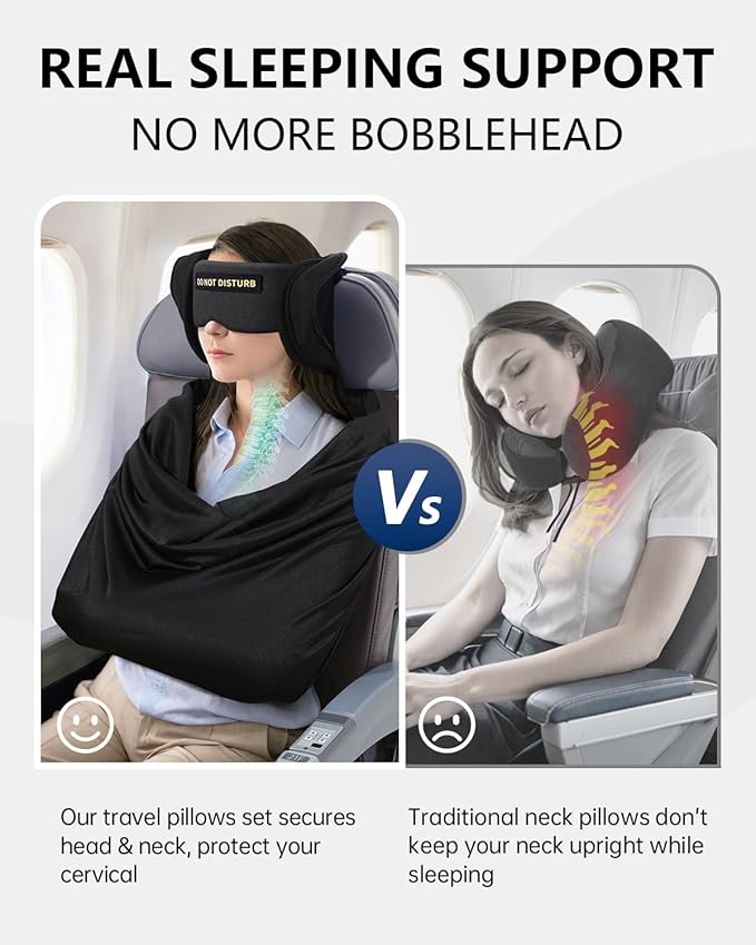 Travel Pillow and Blanket Set, Compact Airplane Pillow Bag with Eye Mask for Long Flights Sleeping, 360° Support Head Strap Travel Essentials for Plane Car Sleep Neck Upright, Stop Bobblehead (Black)