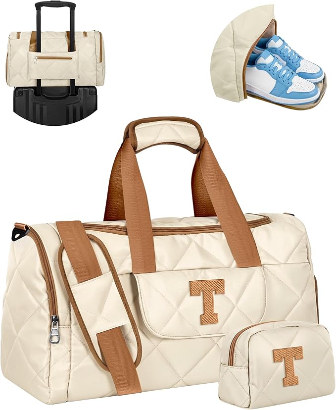 Birthday Gifts for Women Teen Girls, Initial Duffle Bag with Toiletry Bag, Trendy Gym Bag with Shoe Compartment & Wet Separation, Personalized Gifts for Her, Girls Trip Gift Favors
