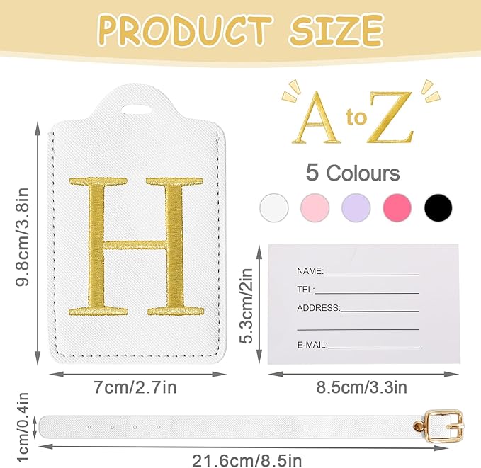 Initial Luggage Tags for Suitcases, Cute Embroidered Letter Luggage Bag Suitcase Identifier Name Baggage Tag, PU Leather Travel Luggage Tags, Bag Tags for Men Women Kids Luggage Handbags(White H)