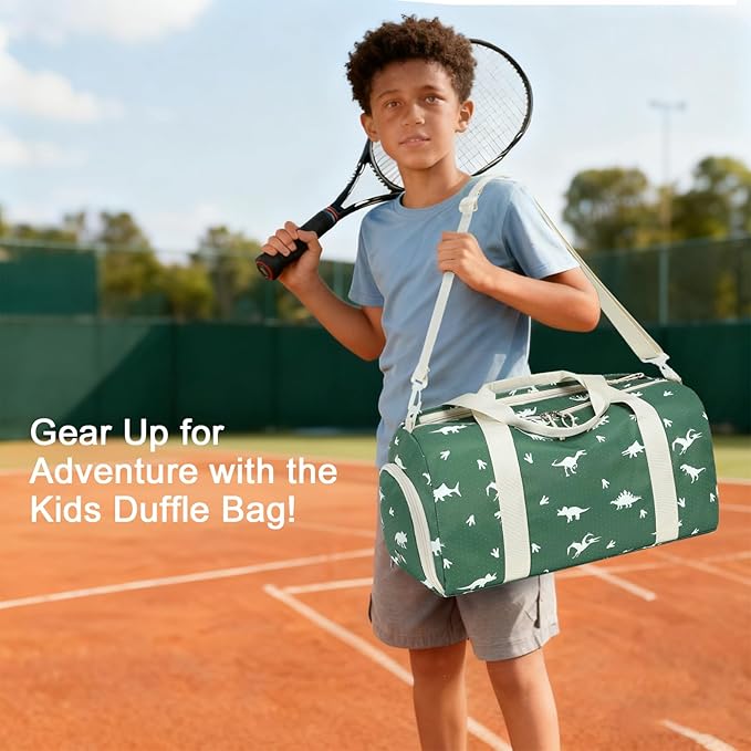 CAMTOP Kids Duffel Overnight Bag Boys Girls Toddler Weekender Carry-On Personalized Tote for Travel Gym Sport (A-Green Dinosaur)