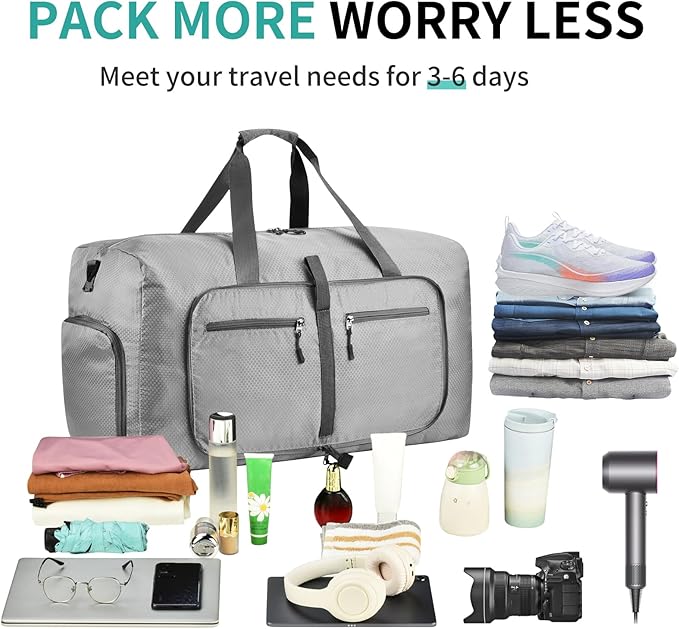 Dimayar Travel Duffle Bag for Men Women - Foldable Duffel Bag with Shoes Compartment - Overnight Bags Waterproof & Tear Resistant(85L,Space Gray)