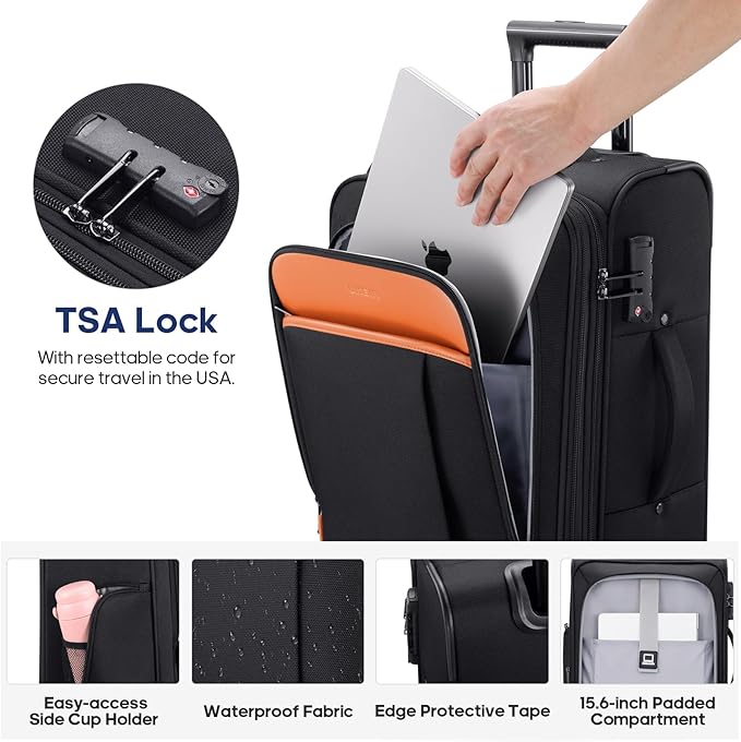 UKEIN Softside Expandable Carry On Luggage 22x14x9 Airline Approved, 20 Inch Suitcase with Wheels & TSA Lock, Travel Suitcase with 4-Piece Packing Bags for Women Men