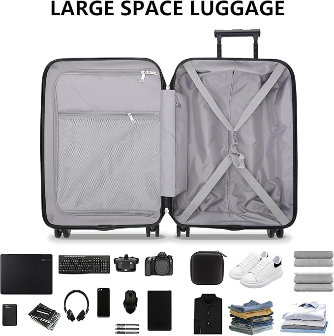 Luggage Sets 2 Piece, Carry On Luggage with Front Pocket & USB Port and 28 Inch Expandable Checked Luggage, Hybrid Soft Front & Hard Shell Suitcases with Spinner Wheels & TSA Lock, Black