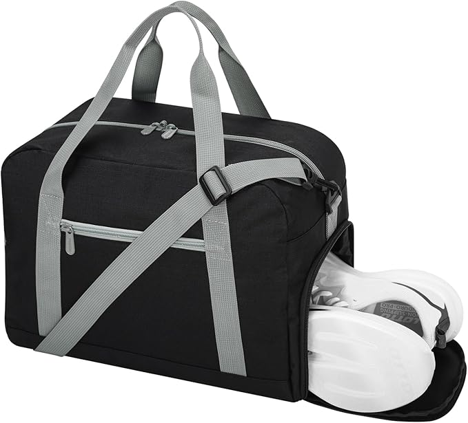 Small Gym Bag 14 inch lightweight Carry On Mini Duffel Bag with Shoe Compartment for Travel Sport - Black/Grey