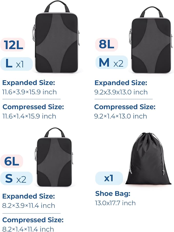 BAGSMART Compression Packing Cubes for Travel, Compressible Luggage Organizer for Cruise Ship, Lightweight Travel Essentials 6-Pack 1L+2M+2S+1Shoe Bag