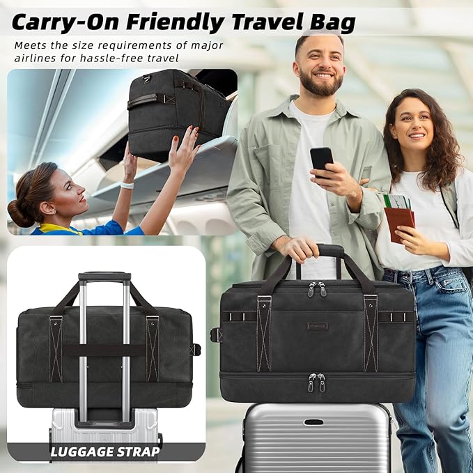 ZOMFELT Travel Duffle Bag for Men, 45L Carry On Luggage 22x14x9 Airline Approved, Waterproof Canvas Overnight Duffel Bag with Removable Dividers, Weekender Gym bag with Shoe Pocket (Washed Black)