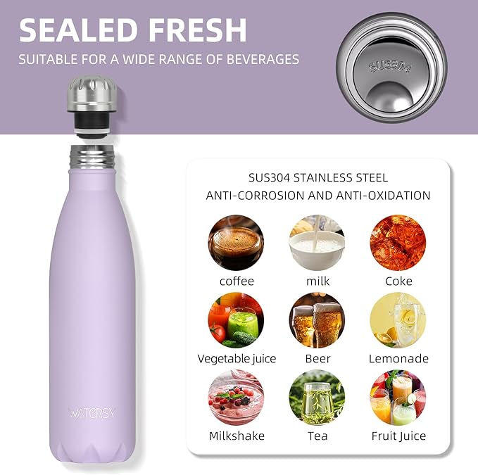 WATERSY Stainless Steel water bottles,17oz/500ml Insulated Water Bottles,Purple metal water bottle Keeps Drink Cold and Hot,BPA Free kids water bottles for School,Gym,Travel,Sports