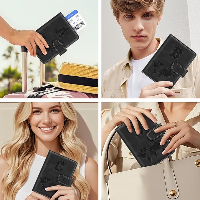 Passport Holder Wallet Cover Personalized Letter A-Z Travel Wallet RFID Blocking Passport Cover Wallet Case for Travel Passport Book Holders for Women and Men, Black-C