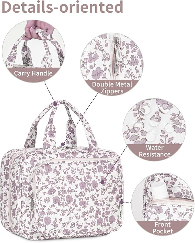 Narwey Hanging Floral Toiletry Bag for Women Travel Makeup Bag Organizer Toiletries Bag for Travel Size Essentials Accessories Cosmetics (Dusty Pink Flower (Medium))