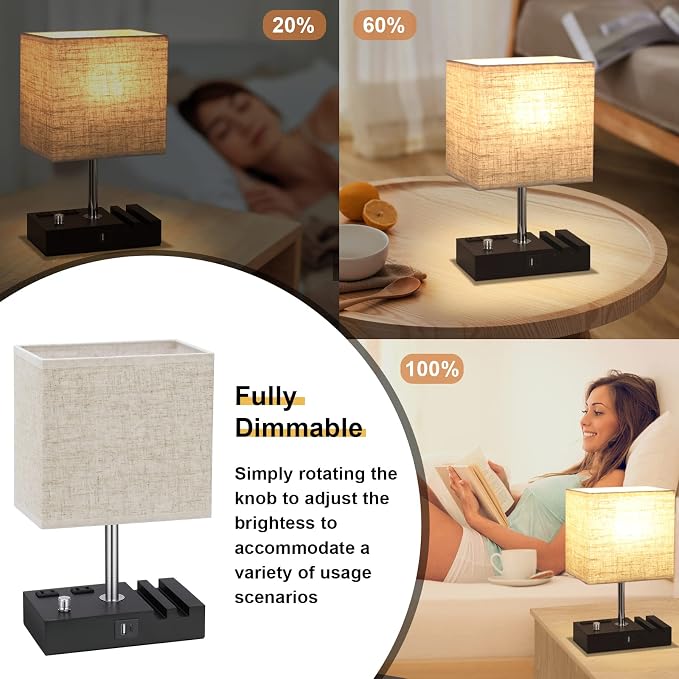 Beige Table Lamp for Bedroom - Stepless Dimmable, USB C+A, 2 AC Outlets | Dimming By Rotary Knob, USB C+A Ports, 2 Phone Stands, LED Bulbs Included, Rectangle Beige Lampshade, for Living Room, Desk