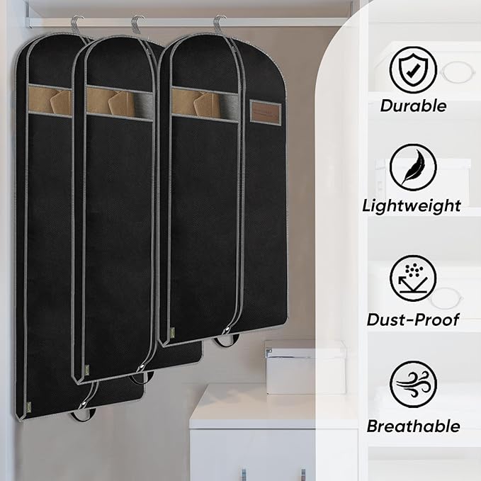 BALEINE 2PK Heavy Duty Garment Bag with Shoe Storage Travel Bag for Dresses, Suit, Coats Travel Essential (60", Black)