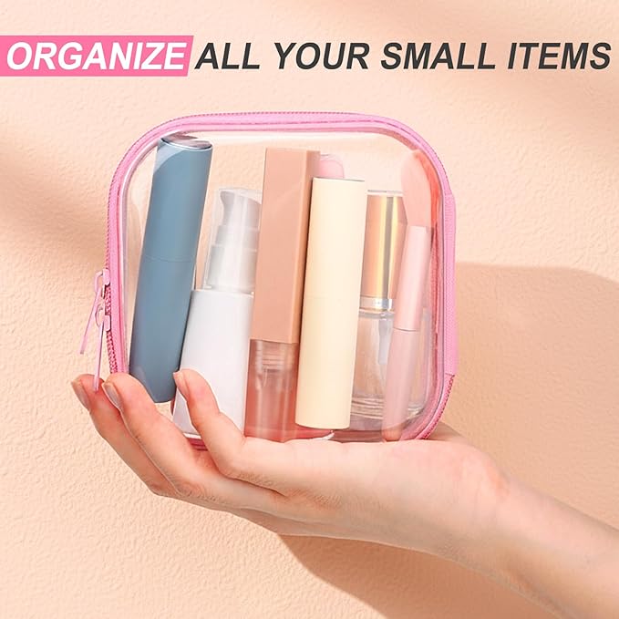 Sanwuta 6 Pcs Clear Hard Zipper Case Plastic Zipper Pouches Transparent Makeup Bag Pencil Case Pouches Toiletry Diaper Bag for Travel Toy Storage Organizer Bins(Pink,5 x 5 x 2 Inch)
