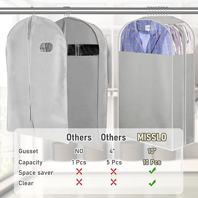 MISSLO 10" Gusseted Garment Bags for Hanging Clothes 32" Suit Bags for Closet Storage Clothing Covers for Shirts, Coats, 3 Packs, Grey