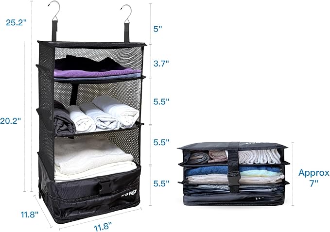 Grand Fusion Stow-N-Go Packing Organizer for Luggage, Portable Hanging Travel Shelves, Carry-On Closet, Hanging Packing Cubes, Collapsible Carry-On Organizer for Cruises & Hotels. Black - L