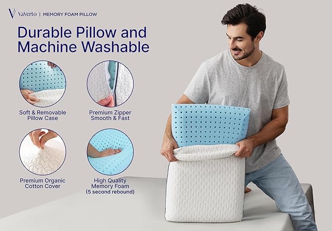 Vaverto Queen Memory Foam Pillow 2-Pack – Cooling Gel-Infused Orthopedic Bed Pillows for Neck and Shoulder Pain Relief, Firm Support Design with Removable Viscose Made from Bamboo Covers – Set of 2