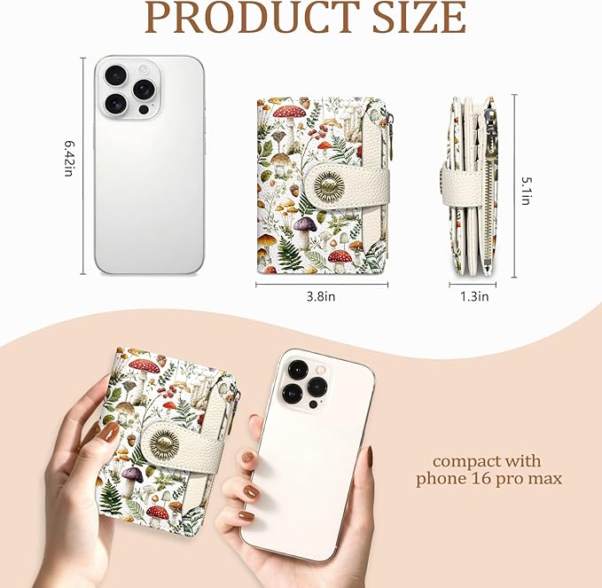 Icycay Mushroom Small Wallet Women RFID Blocking Bifold, Credit Card Holder, Zipper Coin Pocket, PU Leather, Compact, Travel, 4 ID Window, 14 Card Slots, Cash Purse, Ladies Woman Female Girls