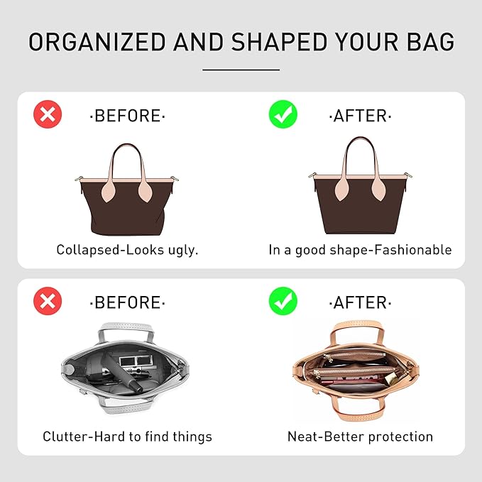 Purse Organizer Insert Compatible with LV Neverfull BB, Premium DopontPaper Bag Organizer Lightweight Water Resistant Purse Insert Divider Shaper for Tote Handbags, White-brown/XS